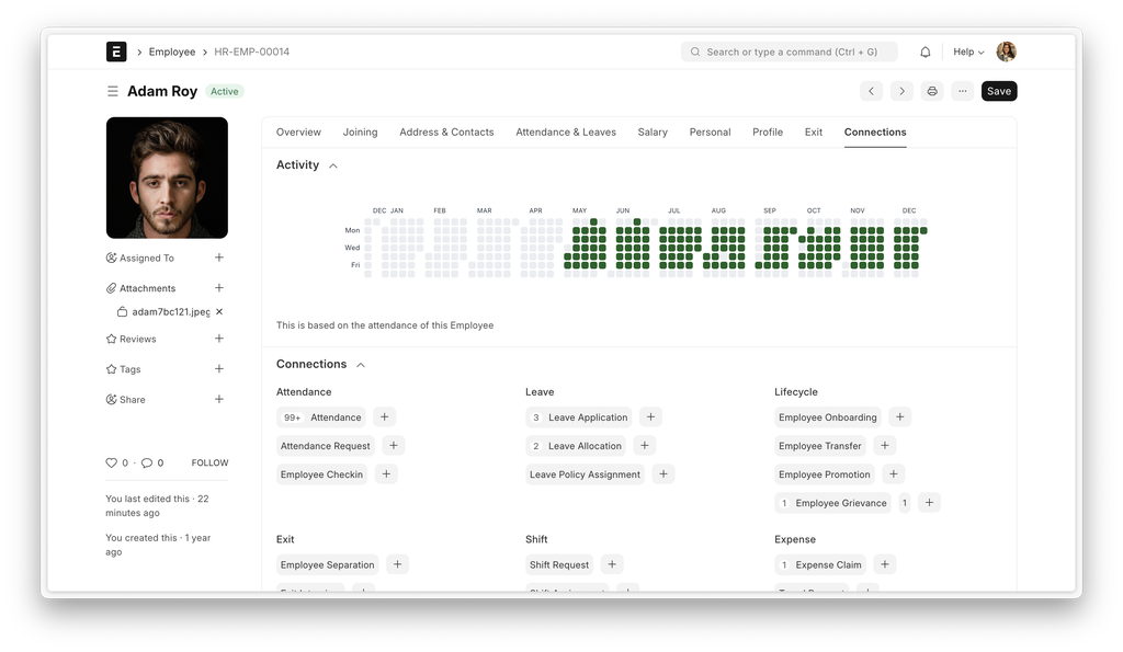 HR employee profile with attendance tracking, leave, salary tabs, and payroll connections