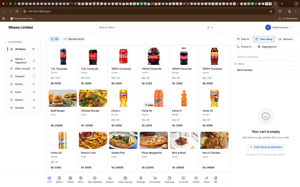 Restaurant POS interface with menu items, order cart, and sales modules for Moses Limited